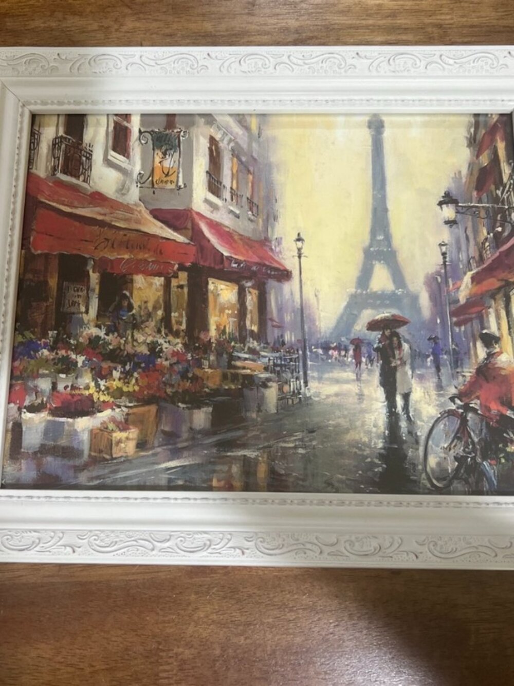 Paris Eiffel Tower Ornate Frame Art Print Rainy Street Flower Market 14x17